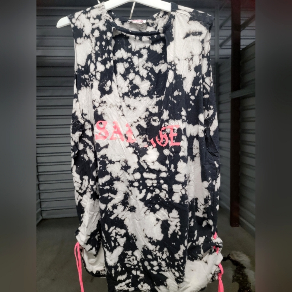 Savage neon pink black white laced deep plunge top